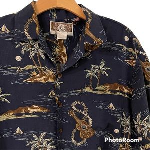 VTG Kalaheo Hawaiian Shirt, Ukulele, Leis, Sailboats, Palm Trees, Rayon, Size M